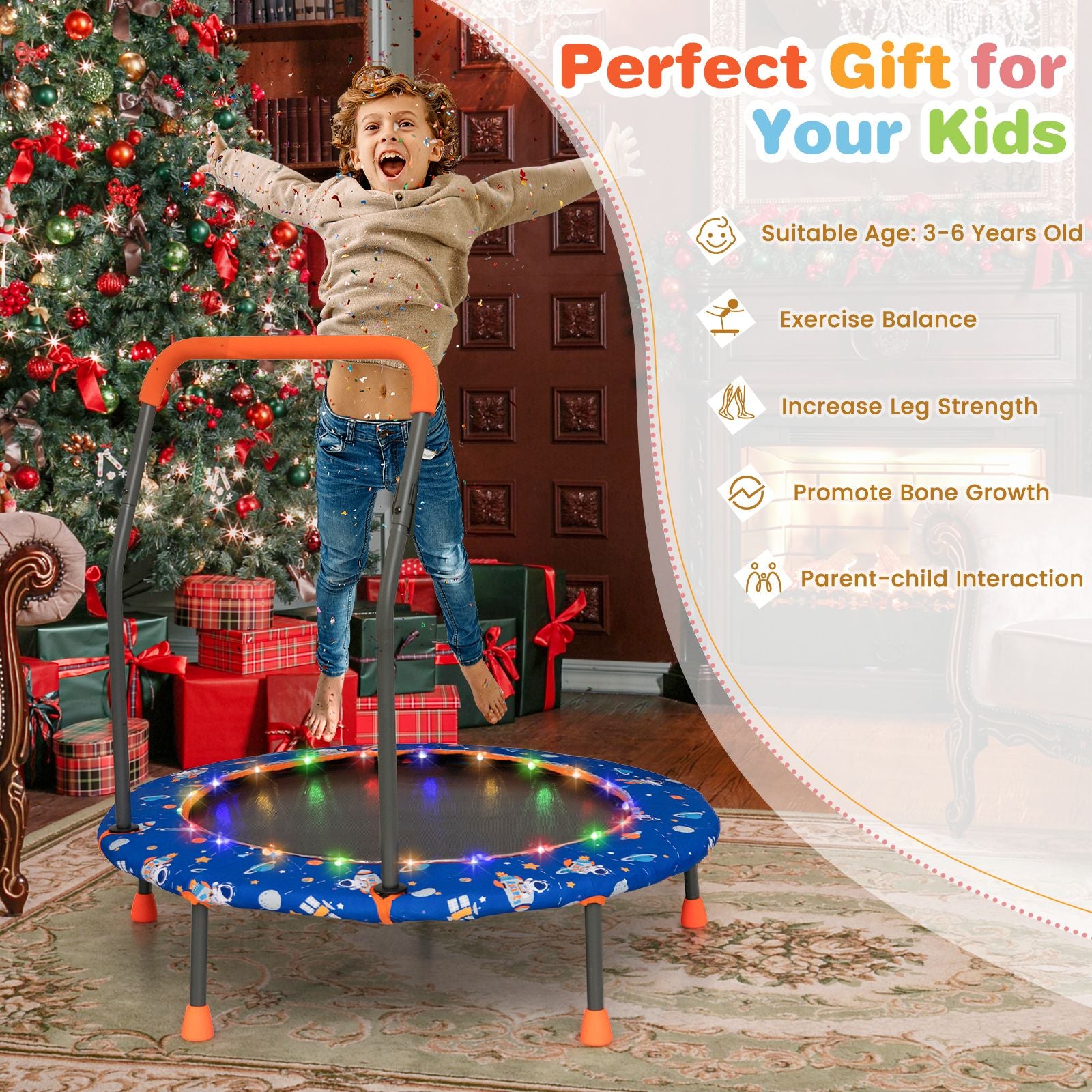 Mini Trampoline for Children with LED Lights and Safety Handle