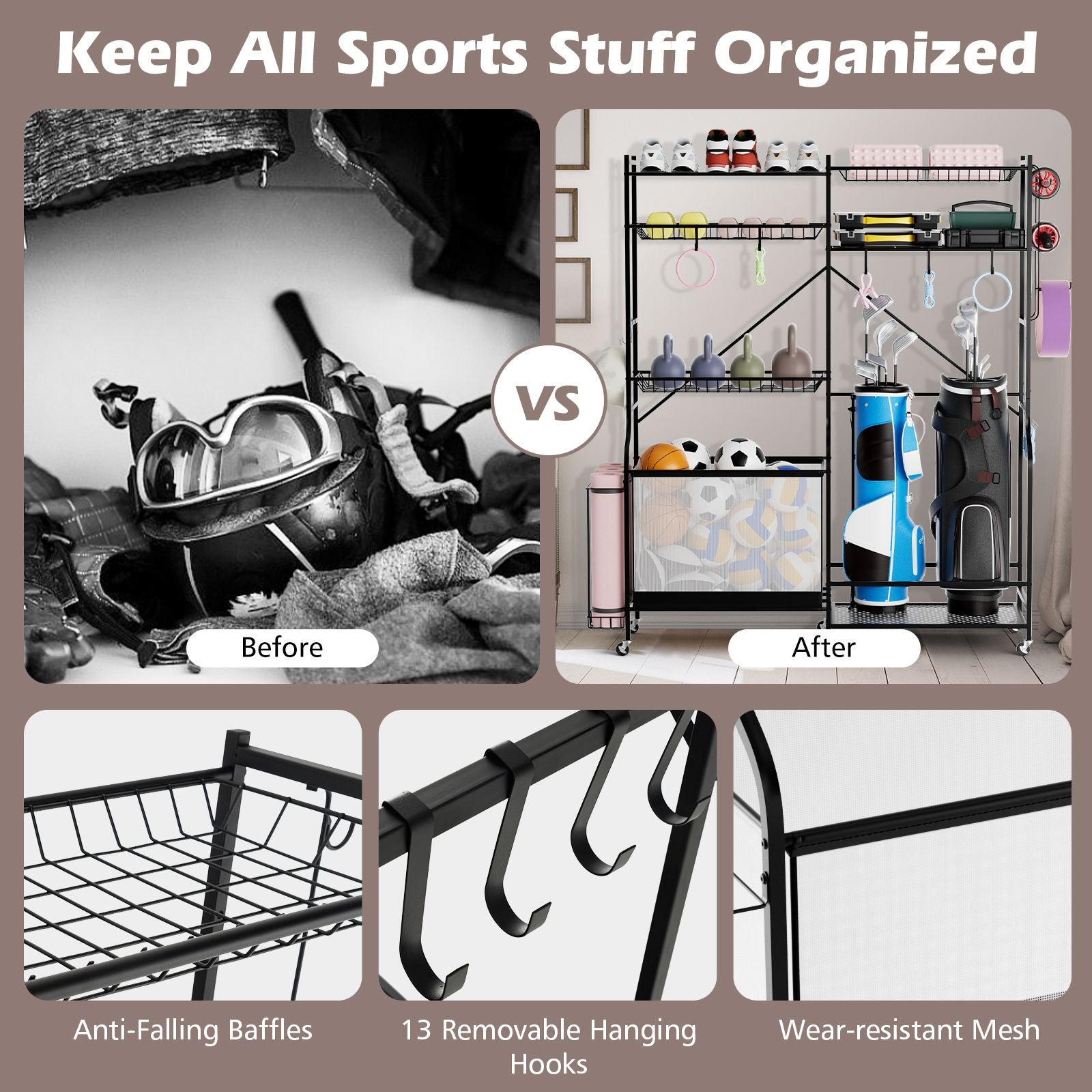 Sports Equipment Organizer Metal Ball Storage Rack with Adjustable Shelves