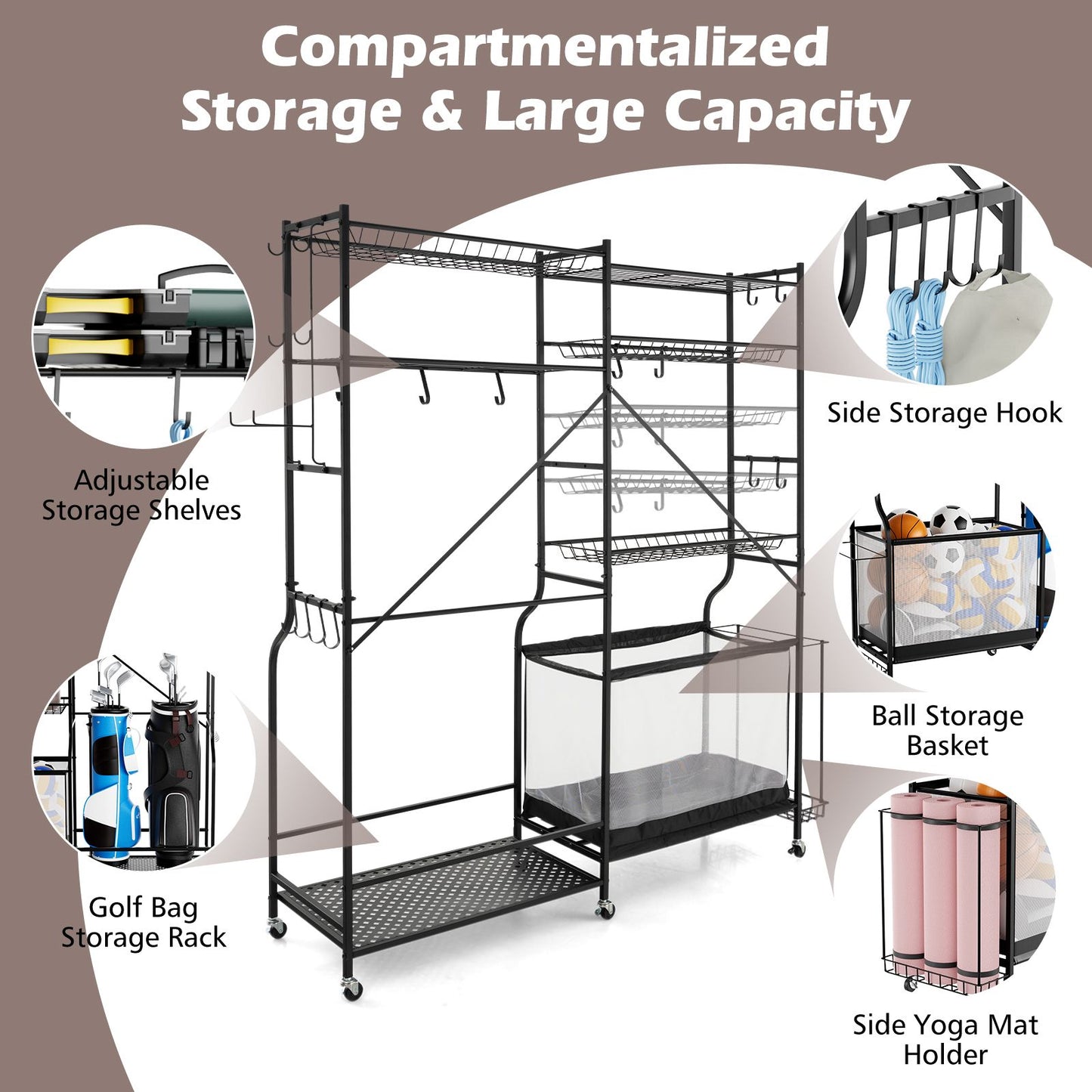 Sports Equipment Organizer Metal Ball Storage Rack with Adjustable Shelves