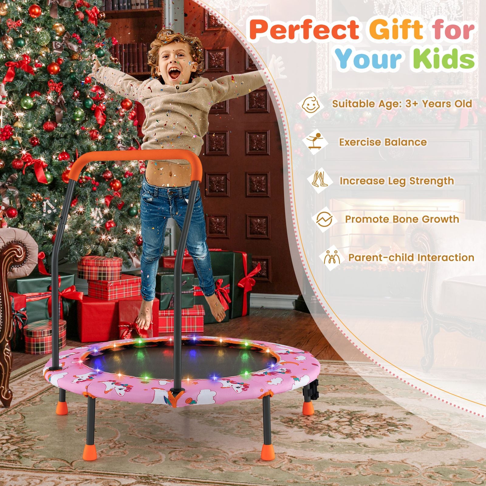 Mini Trampoline for Children with LED Lights and Safety Handle