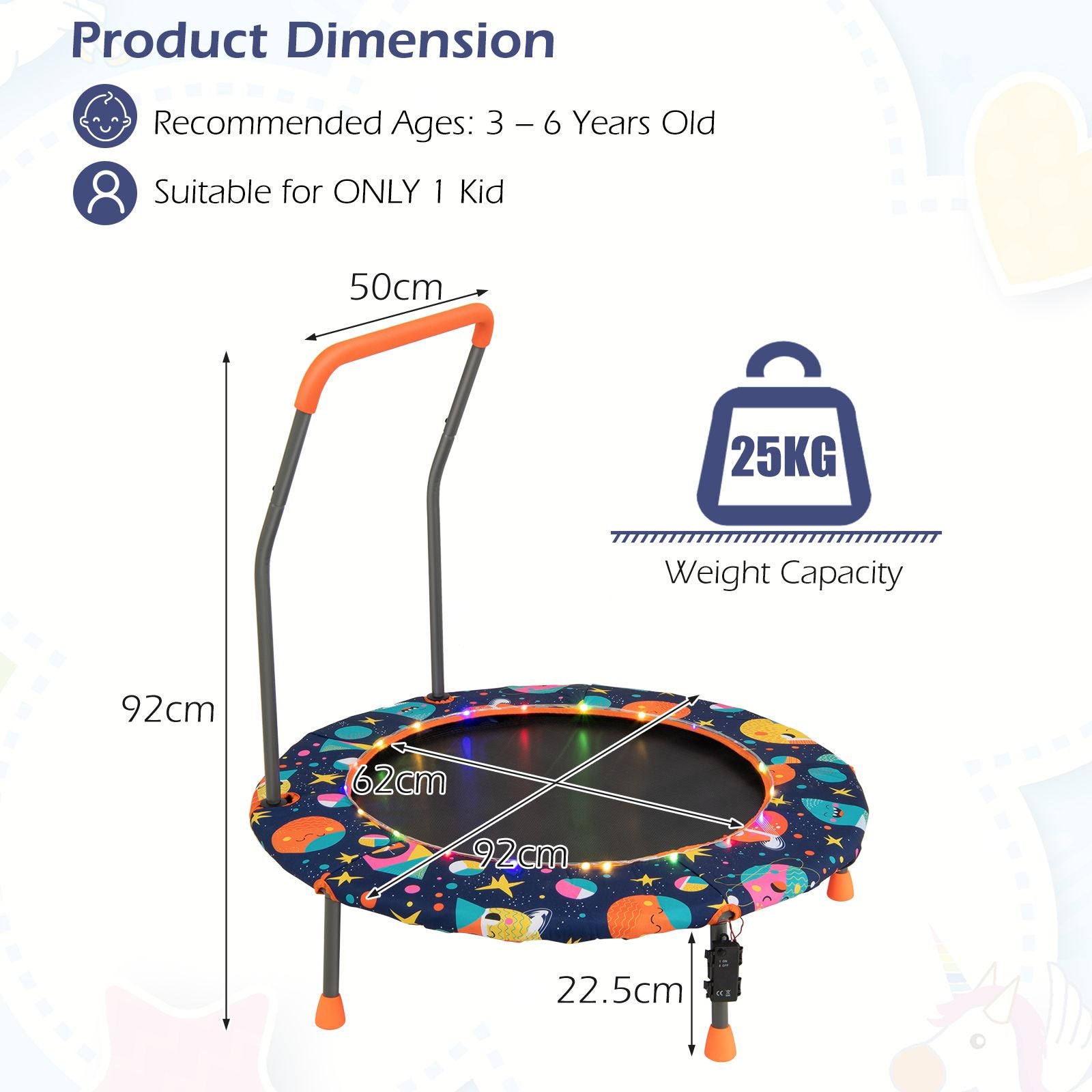 Mini Trampoline for Children with LED Lights and Safety Handle